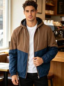 1pc Men's Colorblock Lightweight Hooded Jacket, Contrast Color Patchwork, Loose Fit Fashion Commute Versatile Casual Outerwear - Brown - View 1