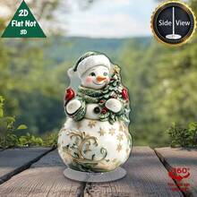 2D Flat 1pc Rotating Base Acrylic Snowman Christmas Tree Ornament, 360° Rotating Desktop Decoration, Green Snowman With Gold Accents, Harmonious Color Scheme, Suitable For Holiday Home And Office - A - View 3