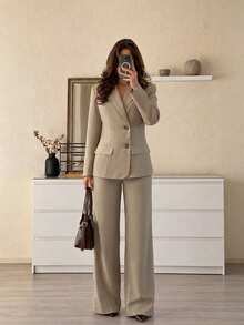 Women's Elegant Minimalist Commute Fashion Daily Date Party Banquet Apricot Single-Breasted Blazer Suit 2 Pieces Set - Apricot - View 1