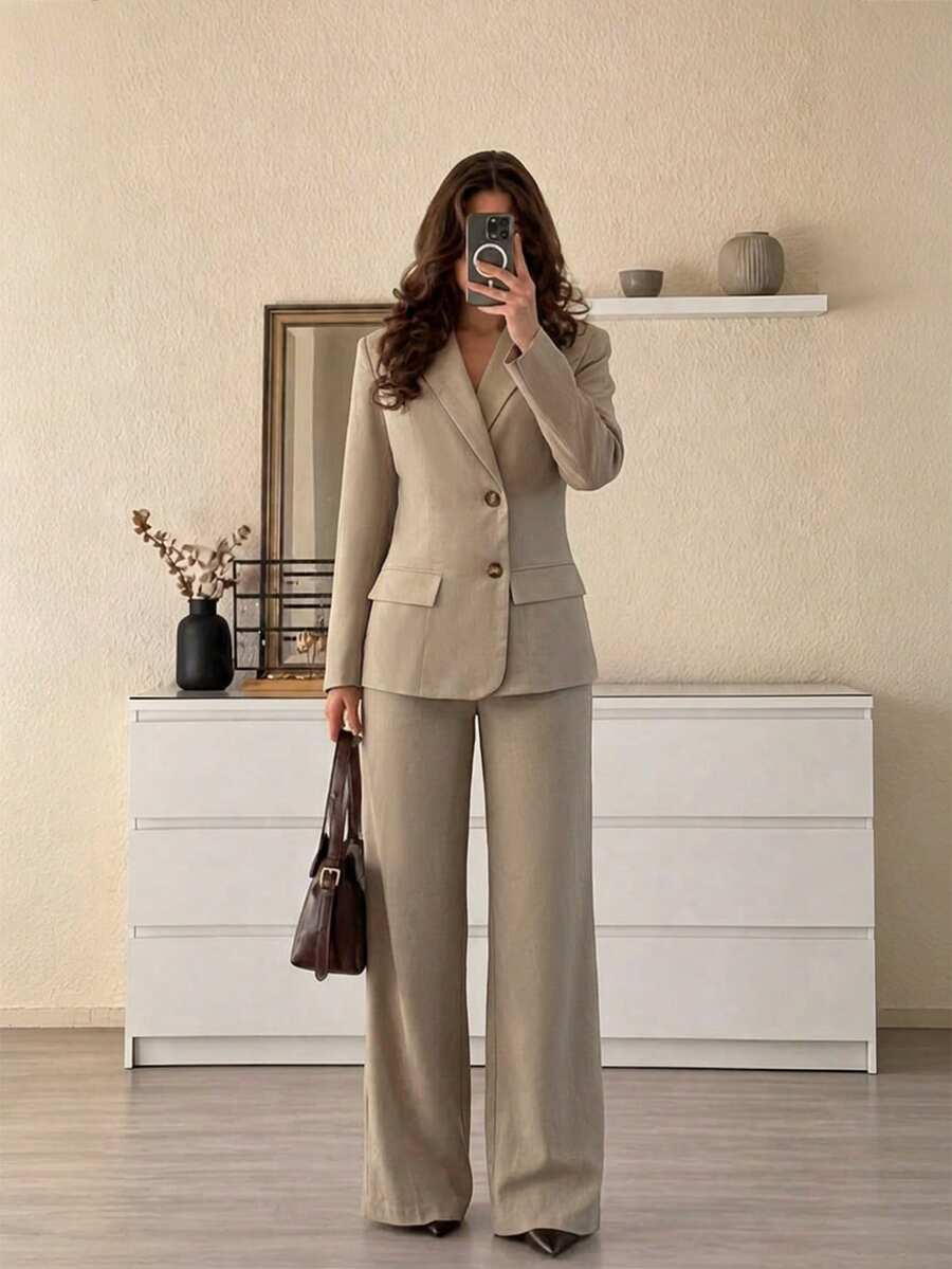Women's Elegant Minimalist Commute Fashion Daily Date Party Banquet Apricot Single-Breasted Blazer Suit 2 Pieces Set - Apricot - View 1