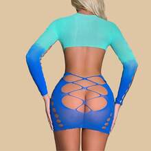 Gradient Color Large Mesh Long Sleeve Sexy Bodysuit Fishnet Stockings Bodycon Skirt - Multicolor - View 4