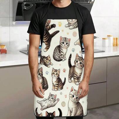 1pc Cute Tabby Cat Print Apron, Covered With Lively Kittens, Decorated With Cat Paw Prints, Hearts And Polka Dots, Suitable For Bakers, BBQ Enthusiasts, Gardeners, Artists, Nail Technicians - Perfect Gift For Home And Professional Users As Well As Cat Lovers