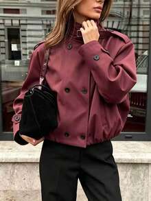 Short Burgundy Trench Coat, French Vintage Style, Blending Urban Mature Cargo Style Aesthetic, Stand Collar Double-Breasted Design, Exuding Coolness And Fashionable Vibe, Suitable For Daily Commute, Casual Socializing And Dating Occasions - Burgundy - View 2