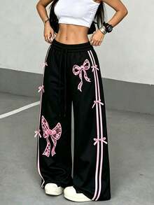 American Style Bow Striped High Waist Drape Loose Wide Leg Casual Sweatpants For Daily Commute - Black - View 1