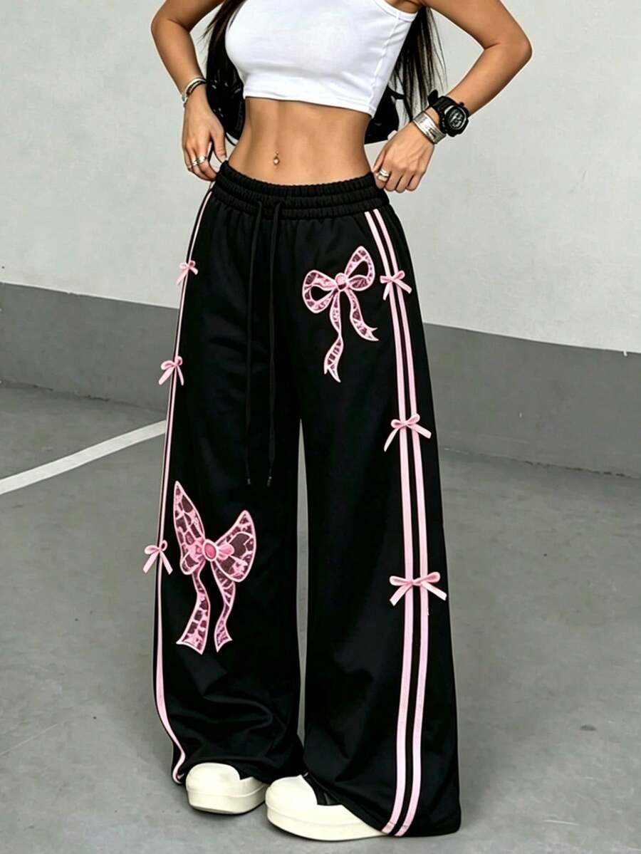 American Style Bow Striped High Waist Drape Loose Wide Leg Casual Sweatpants For Daily Commute - Black - View 1