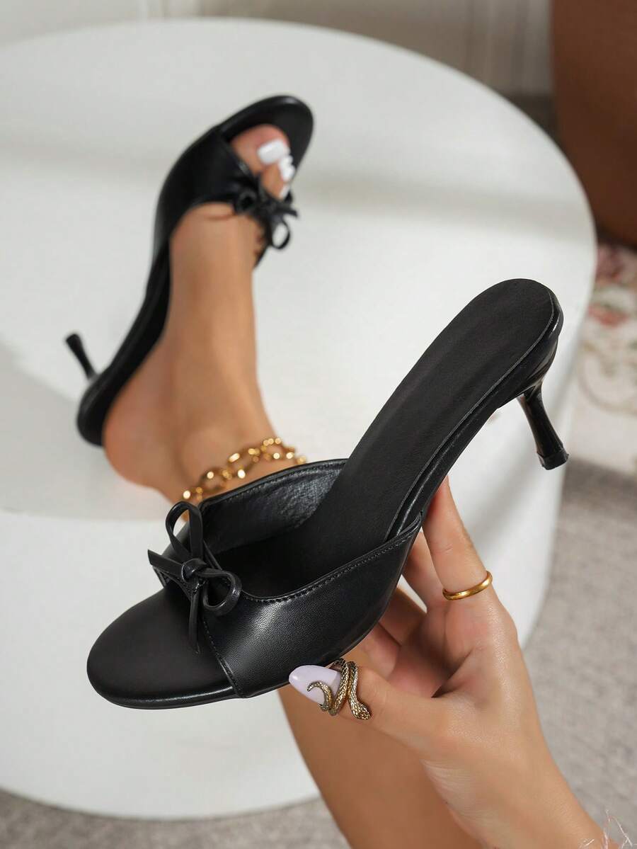 Women's New Fashion Elegant Thin High Heel Sandals, Sweet Bow Decor Toe Peep-Toe Design Solid Color Platform Slides - Black - View 1