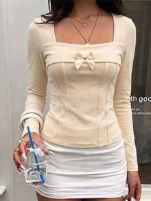 Women's Square Neck Long Sleeve Casual Top Spring/Autumn/Winter Women's Clothing Set - Apricot - View 4