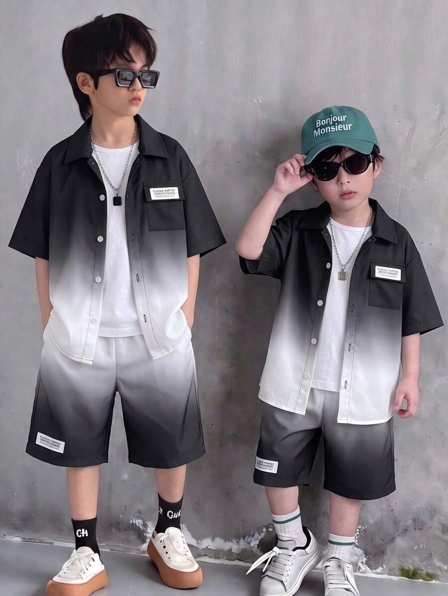 Vihyde Tween Boys Gradient Short Sleeve Shirt & Shorts 2 Pieces Set For School, Daily Commute, Beach, Travel, Spring/Summer Vacation (T-Shirt Not Included) - Black and White - View 1