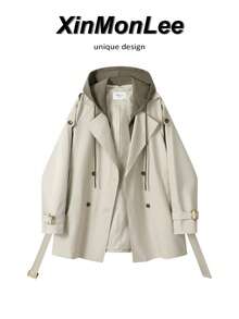 Vintage Double-Breasted Trench Coat Jacket With Buttons, Elegant Casual For College, Office, Daily Wear, Spring/Autumn, Vacation And Travel - Apricot - View 8