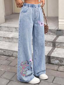 Tween Girl Denim Long Pants Butterfly Hedgehog Snowflake Washed Blue Straight Leg Jeans Casual Comfortable Autumn Winter Fashion Outfit - Light Wash - View 1
