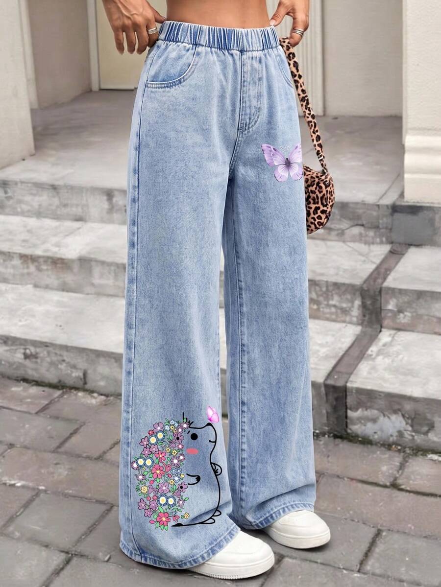 Tween Girl Denim Long Pants Butterfly Hedgehog Snowflake Washed Blue Straight Leg Jeans Casual Comfortable Autumn Winter Fashion Outfit - Light Wash - View 1