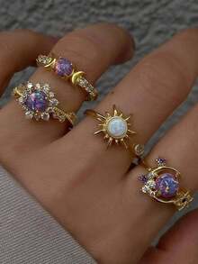 4 Fashionable Ins Sun Moon Diamond Gemstone Ring Set Valentine's Day Mother's Day Birthday Gift - 4pcs/set Ring Set - View 9
