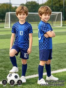 [Customized]Fashionable & Comfortable Round Neck Sports Jersey Set With Custom Name, #10 Star Player Style Football Jersey, Kids Unisex Soccer Sports Jersey With Burnout Design, Round Neck Short Sleeve & Shorts 2 Pieces Set - Blue - View 6