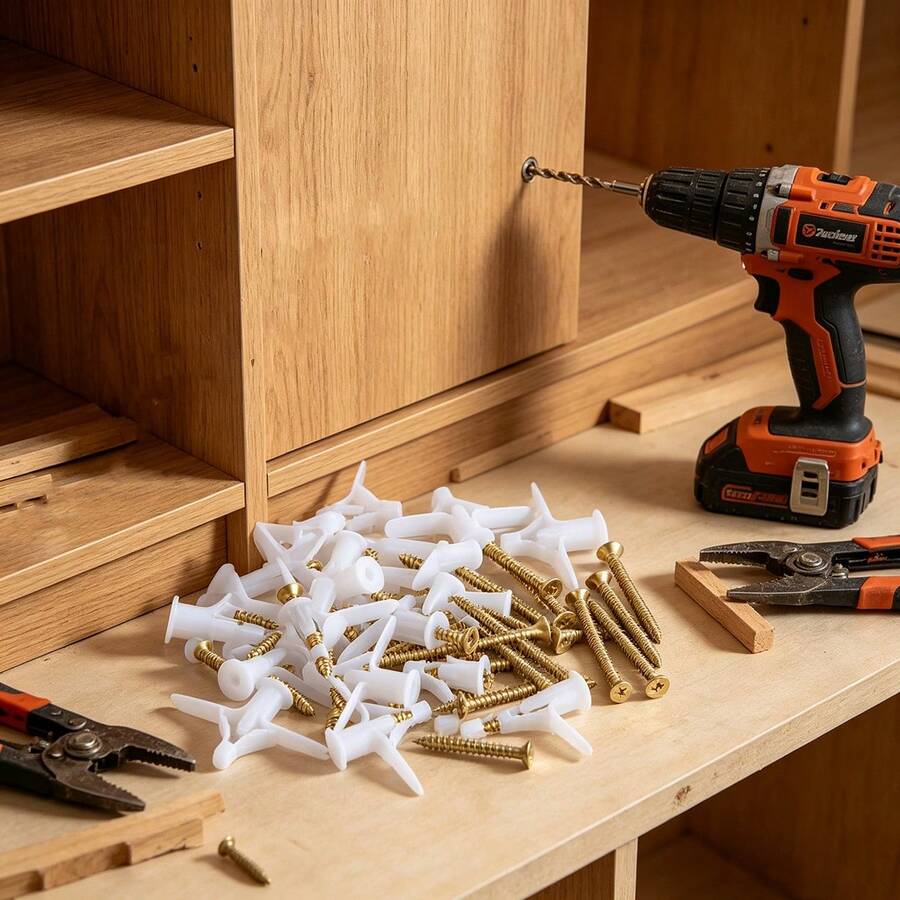 50 Sets/100 Sets Drywall Anchor Kit (Includes 50 Anchors + 50 Self-Tapping Galvanized Screws) Heavy Duty Hollow Wall Anchor Set, Plastic Butterfly Expansion Tube With Gold Screws, For Drywall Installation - Expanding Screws - View 1