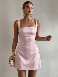 Vuslat Women's Autumn Solid Color Satin Elegant Sexy Short Dress, Suitable For Daily, Party, Halloween, Christmas - Baby Pink - View 6