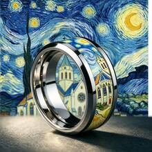 1pc 8mm Black & Silver Dual-Tone Stainless Steel Ring, Van Gogh Church & Starry Night Art Pattern, Impressionist Personalized Ring, Comfortable Fit Unisex Jewelry, Perfect Gift For Art Lovers - Multicolor - View 7
