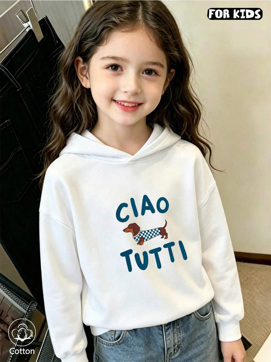 Kids' Casual Hoodie: Loose Fit, Breathable Cotton, Ciao Tutti Text & Plaid Dog Print, Cute Style For Spring/Fall Daily Wear Or Gift - White - View 1