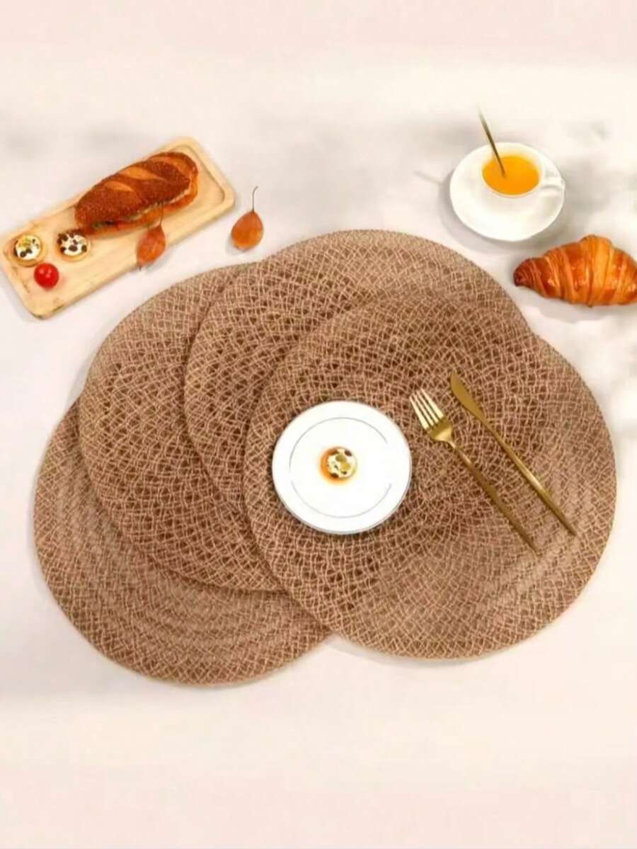 1/4/6pcs Bohemian Style Solid Color Woven Round Placemats, Table Decor, Home Party Table Setting, Home Decoration, Christmas Decor, Halloween Decor, Thanksgiving, Back To School, Valentine's Day, Party
