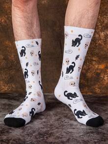 1/3 Pairs Street Style Jacquard Mid-Calf Socks, Black Cat & Skull Cute Quirky Creative Design, Fun Halloween Gift - Multicolor - View 8