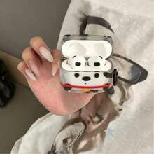 Cute Spotted Puppy Bluetooth Earphone Protective Case, With Black Round Ring Hook, Transparent Shell Body Printed With Black And White Spotted Puppy, Round Black Eyes, Red Collar With Yellow Bell, Soft And Healing. Wavy Asymmetrical Shell Body, Made Of Transparent Soft Material, Fits Bluetooth Earphone Body Tightly, Precise Charging Port Opening, Smooth Earphone Opening And Closing, Easy To Install And Remove. High-Definition Color Printing Process - Clear - View 7