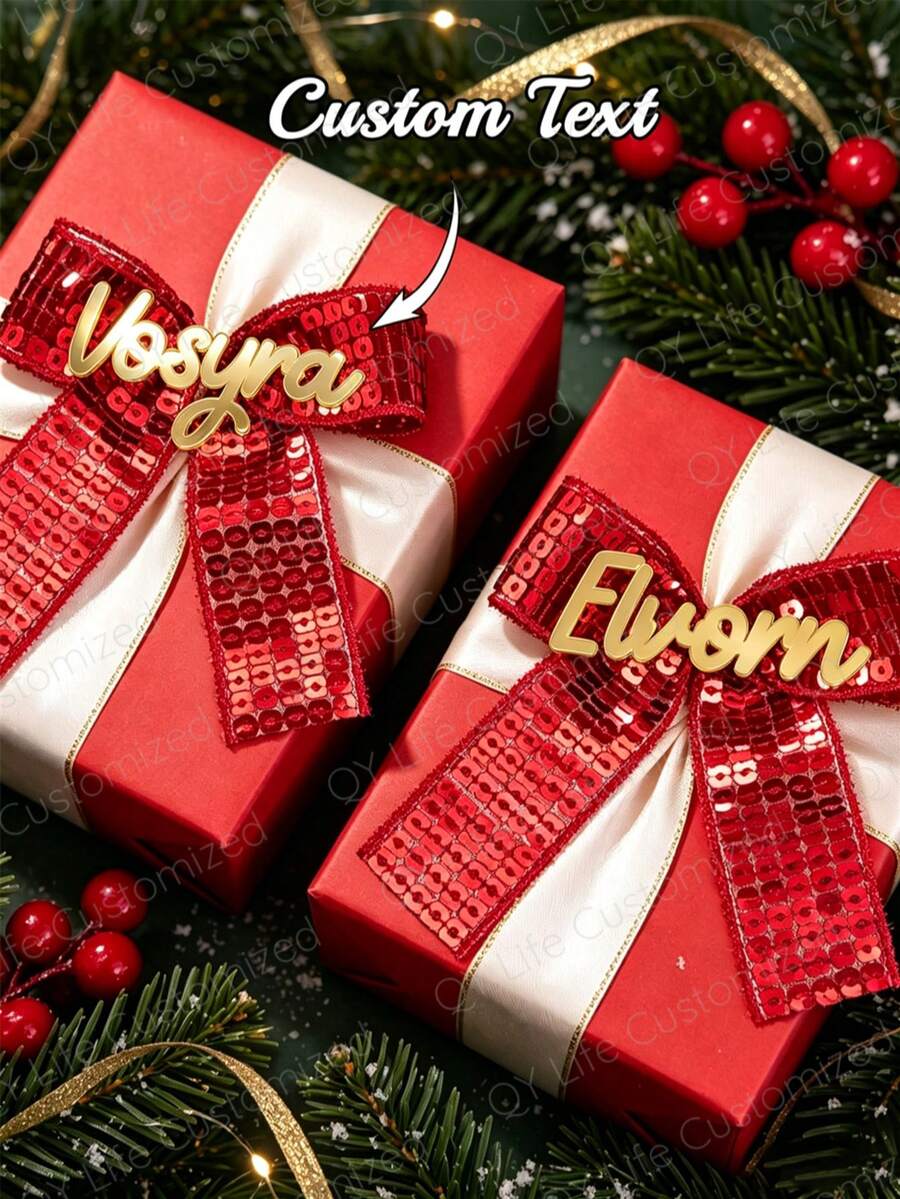 Custom Exquisite Red Sequin Bow Accessory, Custom Gold Name Tag, Holiday Gift Packaging, Christmas Theme Party Home Decor Small Item, Custom Bow Pendant - Multicolor 2 - View 1
