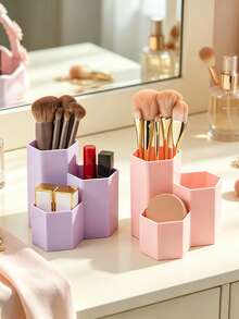 Ins Style Hexagonal Multi-Compartment Makeup Brush Holder, Vanity Makeup Organizer Box, Lightweight Plastic Multi-Purpose Desktop Cosmetic & Stationery Dual-Use Pen Holder - Multicolor - View 2