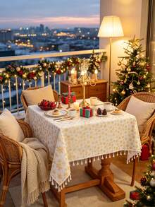 1pc Christmas Tablecloth, Christmas Gold Foil Bell Design, Rectangular Tablecloth, Beige Tassel Decoration, Coffee Table, Bedside Table, Cabinet, Small Table Cover, Tabletop Decor, Holiday, Party Decoration, Suitable For Kitchen, Dining Room, Gathering, Dining, Holiday, Party, New Year Decoration, Christmas Decoration, Gift, Merry Christmas - Yellow - View 7