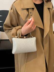 時尚迷你奢華金屬鍊條亮片便攜金色女款晚宴包，精緻婚禮斜挎手提包 - 銀色 - 查看 5