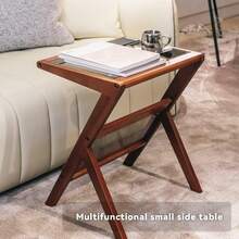 Mesa auxiliar en forma de Z, mesa auxiliar con parte superior de vidrio templado, mesa auxiliar moderna de madera maciza para sofá, sala de estar, mesa en Z, nogal - Negro - Ver 6