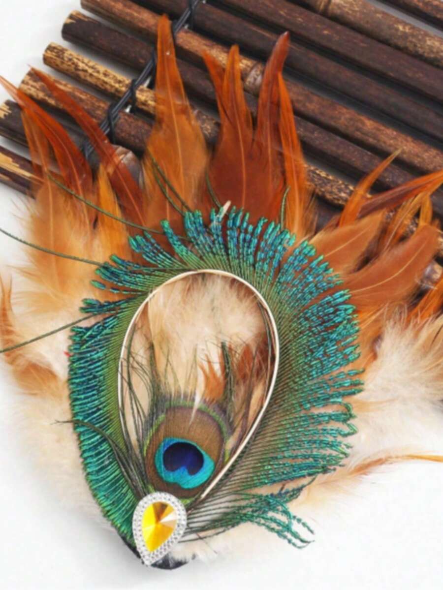 New Colorful Peacock Feather Hair Clip, Vintage Candy Color Feather Headpiece, Bohemian Hair Accessory - Black - View 1