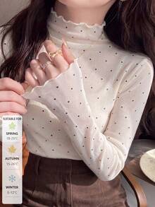 SUNSTORY Women's Autumn Beige Polka Dot Frill Trim Mock Neck Slim Fit Long Sleeve Mesh Top, Suitable For Commuting, Dating, Daily Outings, Party Occasions - White - View 10