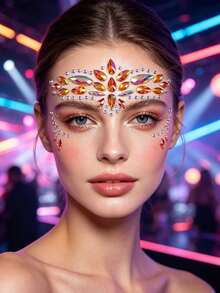 5/3/2/1pcs Y2K Gold Orange Iridescent Crystal Face Rhinestone Stickers, Self-Adhesive AB Color Crystal Face Decals, Suitable For Halloween, EDM Party, Music Festival Makeup Decoration - Multicolor - View 2