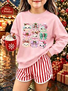 Christmas-Tween Girl Casual Fun Print Crew Neck Long Sleeve Sweatshirt, Ideal Outfit For Holiday Celebration! Autumn/Winter Top - Pink - View 2