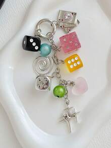 Y2K Dice Beaded Bag Charm Keychain With Playing Card Heart Star Pendants Cute Kawaii Aesthetic Purse Accessory, Street Style Handbag Decoration - Multicolor - View 8