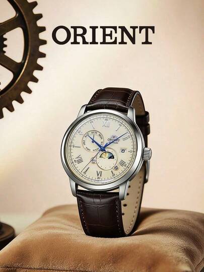 Orient Men's Bambino V9 Day And Moon Automatic Mechanical Watch, Champagne Dial, Roman Numerals, Date Of The Day, Brown Leather Strap, RA-AK0803Y10B