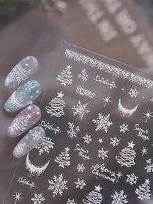 1Sheet Self-Adhesive Winter Christmas Nail Stickers, White Snowflake Xmas Tree Crescent Moon Lace Pattern Nail Decals, Xmas DIY Nail Supplies - White - View 5