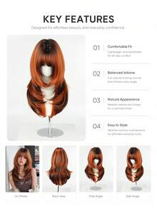 22Inch Orange Black Ombre Medium-Length Wig With Bangs For Women, Dark Roots Soft Heat-Resistant Full Machine Synthetic Straight Wigs For Party Cosplay Halloween Wear, Music Festivals Celebrations Use For Daily Party Use Or Treat Wear Beginners - Multicolor - View 11