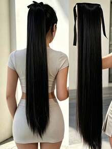 18-34 Inch Straight Black Synthetic Hair Ponytail Extensions, For Women - Multicolor - View 2