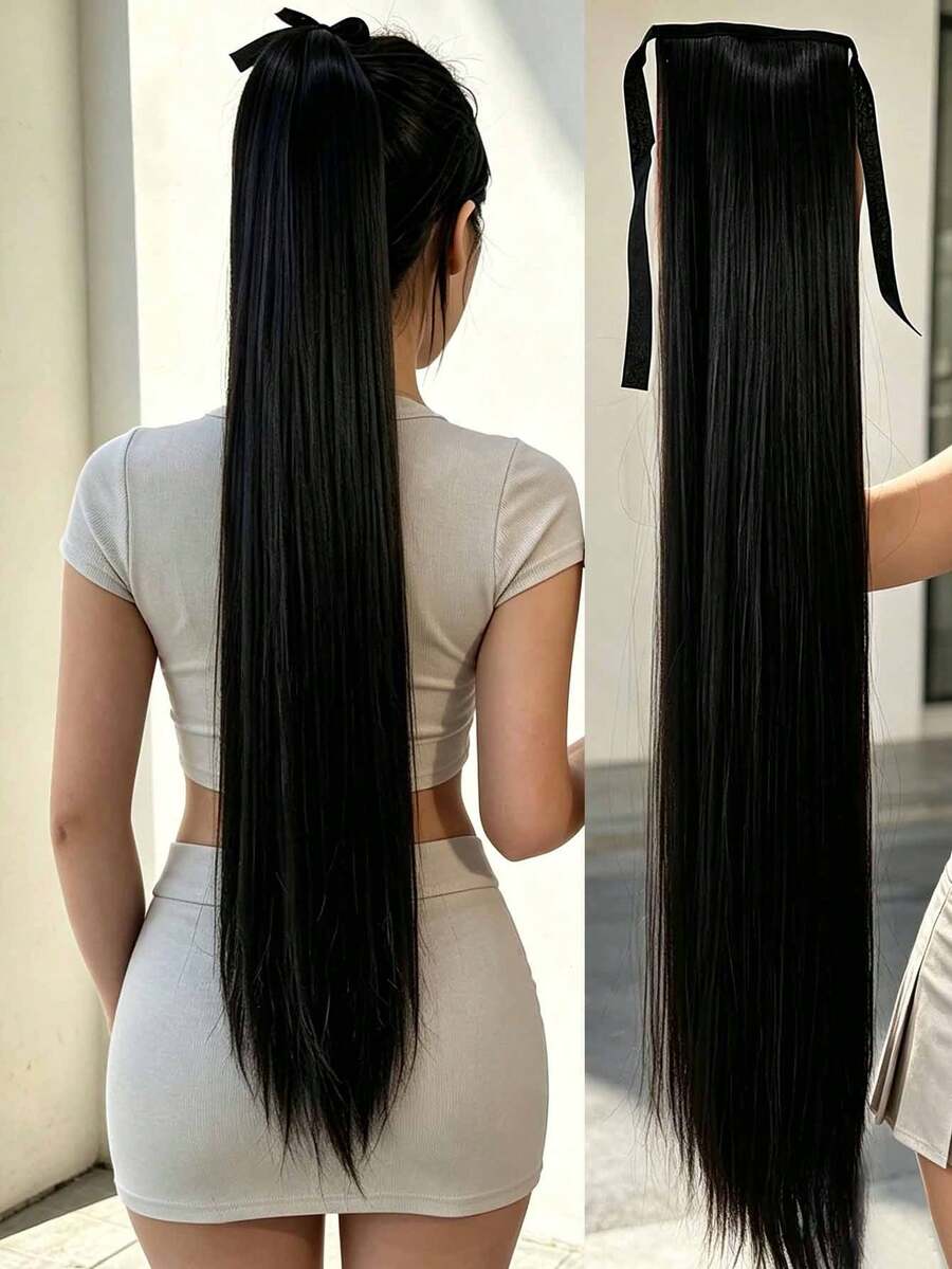 18-34 Inch Straight Black Synthetic Hair Ponytail Extensions, For Women