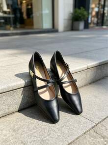 Black Pointed Toe Mary Jane Shoes, Thin Strap Metal Buckle, Low Shaft Gentle Commuter Women's Shoes - Black - View 2