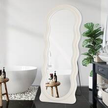 Long Wavy Mirror With Flannel Frame, Elegant Irregular Makeup Mirror, Suitable For Bedroom, Living Room, Dressing Room Or Bathroom Decoration, Can Be Hung Or Rested - White - View 6