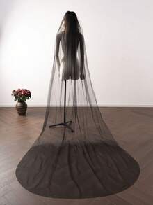 1pc Black Gothic Style Wedding Veil, Fingertip Length Cathedral Length Bridal Veil With Hair Comb, Suitable For Bride Halloween Costume - Multicolor - View 9