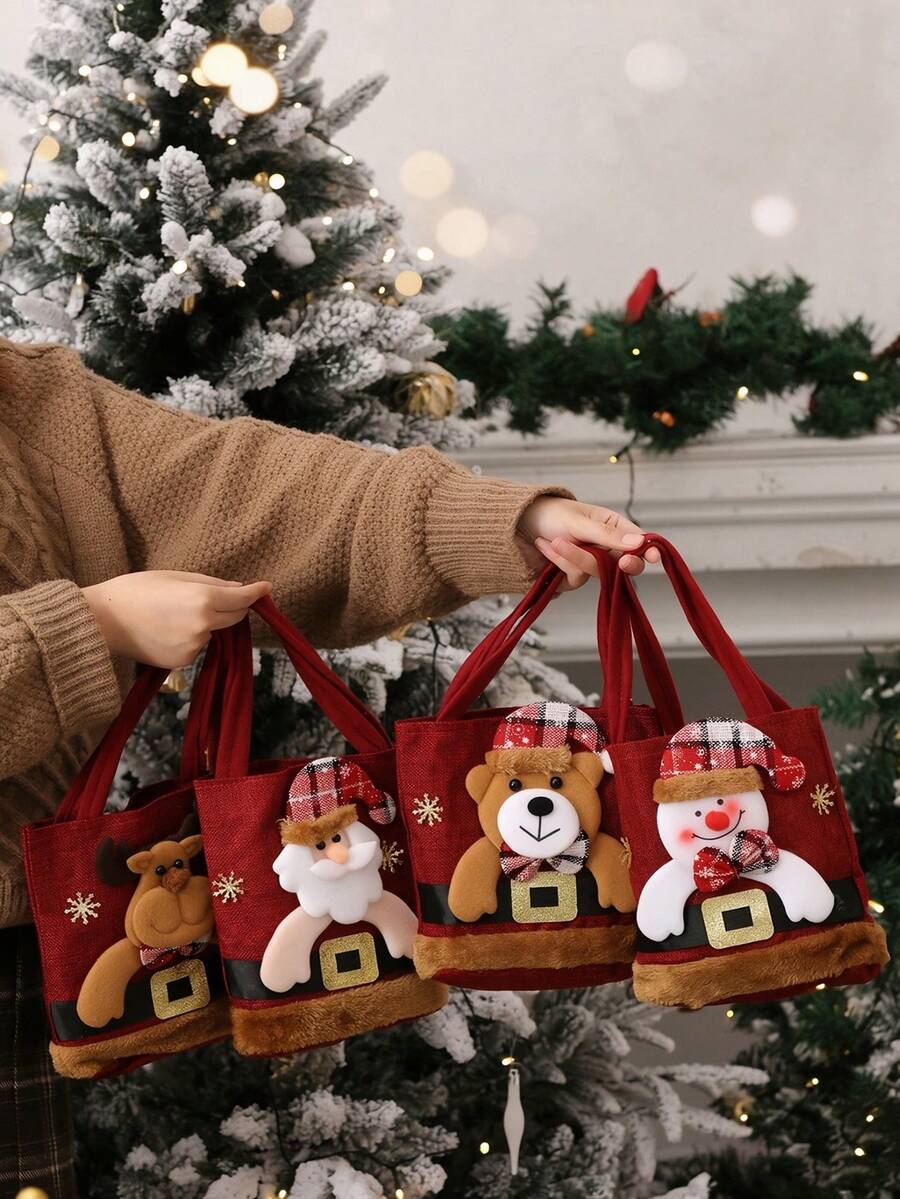 1pc Christmas Plush Doll Gift Bag Set With Sturdy Handles - Features Santa Claus, Snowman, And Reindeer Patterns. Durable And Reusable Holiday Gift Bags, Suitable For Candy And Stocking Stuffers, High-Quality Stitching, Ideal For Holiday Wrapping - Multicolor - View 1