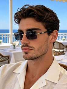 Unisex Retro Rectangular Rimless Fashion Glasses, Classic Plastic Style, Suitable For Travel, Beach Vacation, Casual Decoration, Daily Wear - Black - View 1