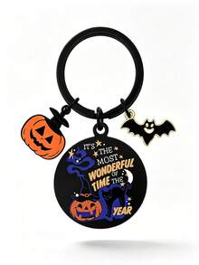 1pc Halloween Pumpkin Bat Keychains, Most Wonderful Time Enamel Charm, Black Key Rings, Car Bag Pendant, Halloween Party Gift - Multicolor - View 6