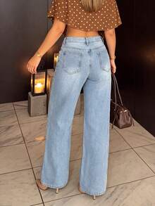 Cross-Border European And American High Street Style Asymmetrical Waist Design, Loose Casual Straight Leg Denim Jeans For Women - Medium Wash - View 7