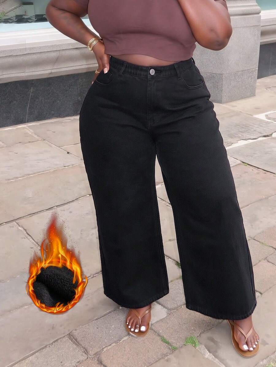 Women's Plus Size Black Denim Straight Leg Pants, Fleece Lined Non-Stretch Zipper Long Pants, Fashionable - Black - View 1