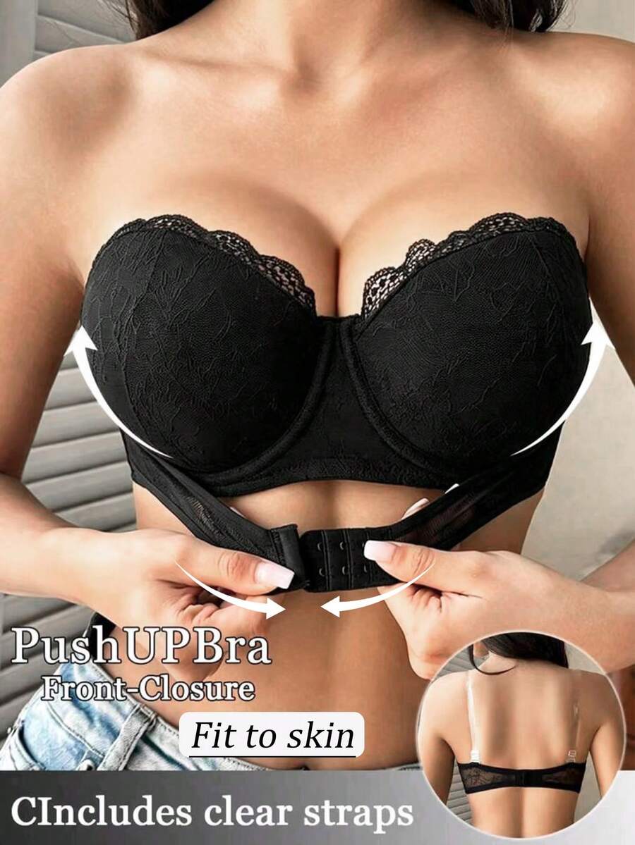 1pc Black Front Closure Lace Bandeau Bra, Push Up For Small Chest, Strapless Anti-Slip Bandage Bra With Transparent Shoulder Straps For Women - Black - View 1