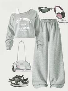 Women's Vintage Letter Print Cold Shoulder Sweatshirt & Pants Set, New Autumn Style - Grey - View 5