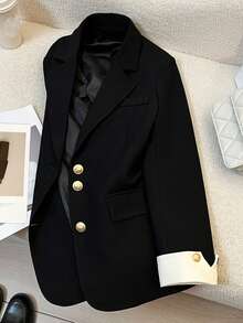 New Women's Black Blazer Jacket With Metal Buttons, Elegant And Versatile Fall - Black - View 3